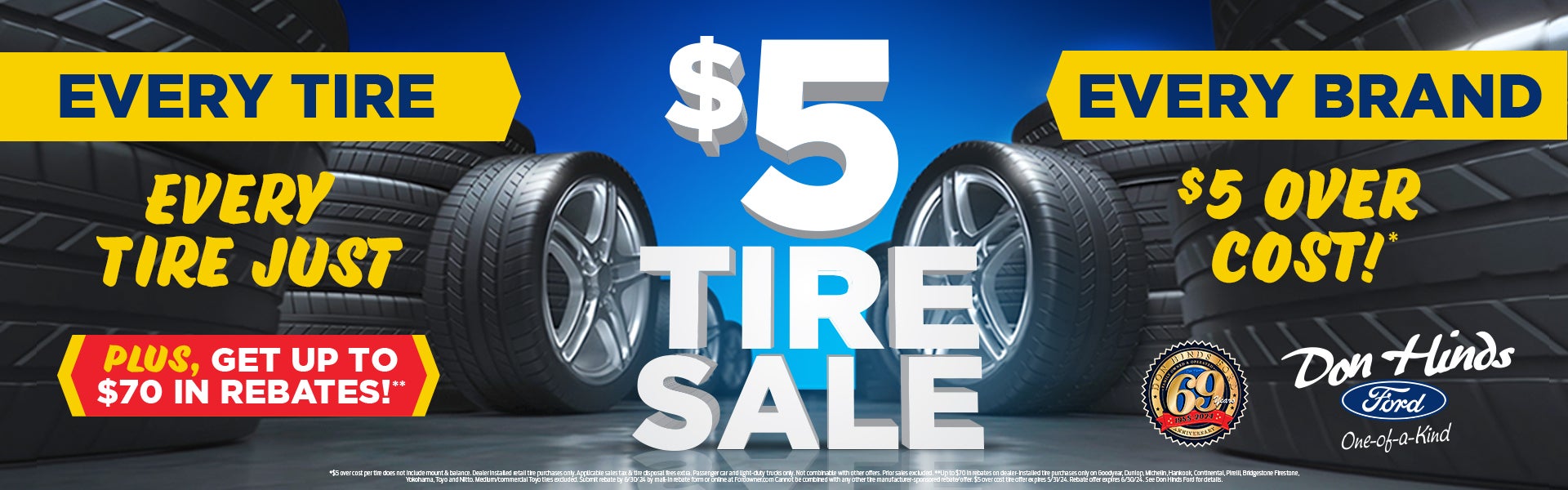 Don Hinds Ford Blue and Gold $5 Tire Sale Banner May 2024